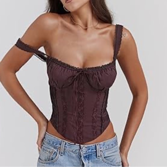 YAD MISU Tops - Lace Up Cami Corset Tops- Brown